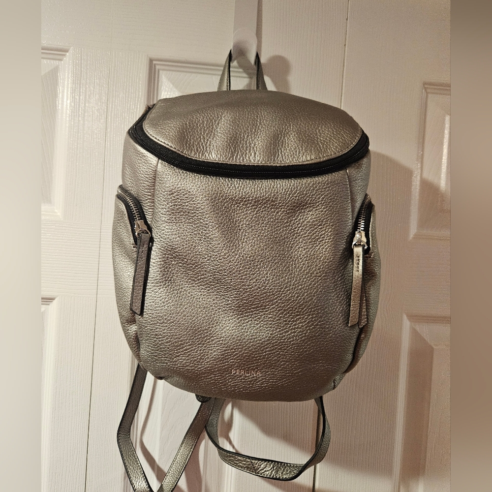 Perlina Leather Metallic Silver Backpack